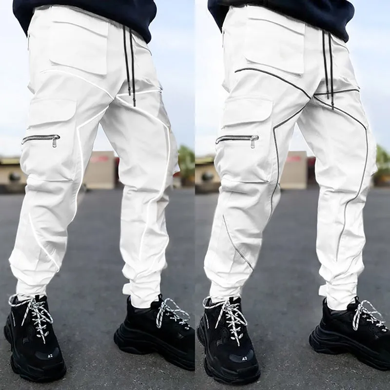 Men' s Fashion Reflective Strips Slim Fit Gym Workout Jogger Cargo Pants Ankle Banded | W302