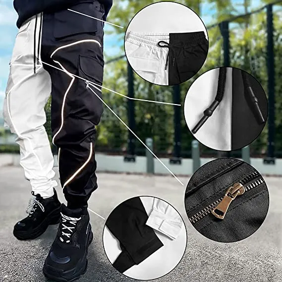 Men' s Fashion Reflective Strips Slim Fit Gym Workout Jogger Cargo Pants Ankle Banded | W302