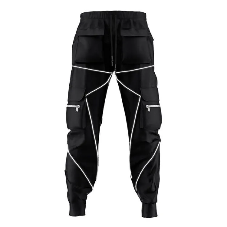 Men' s Fashion Reflective Strips Slim Fit Gym Workout Jogger Cargo Pants Ankle Banded | W302