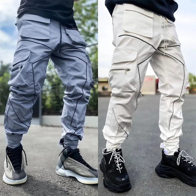 Men' s Fashion Reflective Strips Slim Fit Gym Workout Jogger Cargo Pants Ankle Banded | W302