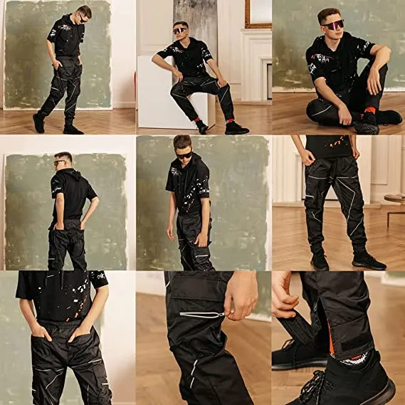 Men' s Fashion Reflective Strips Slim Fit Gym Workout Jogger Cargo Pants Ankle Banded | W302