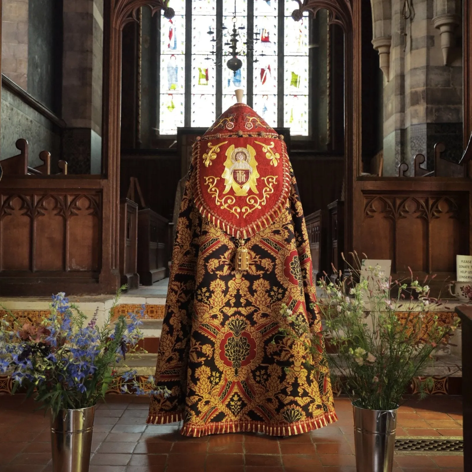 Minster Cope in 'Pine' with Sarum Red 'Holbein' orphreys and Hand-Embroidered Hood & Orphreys