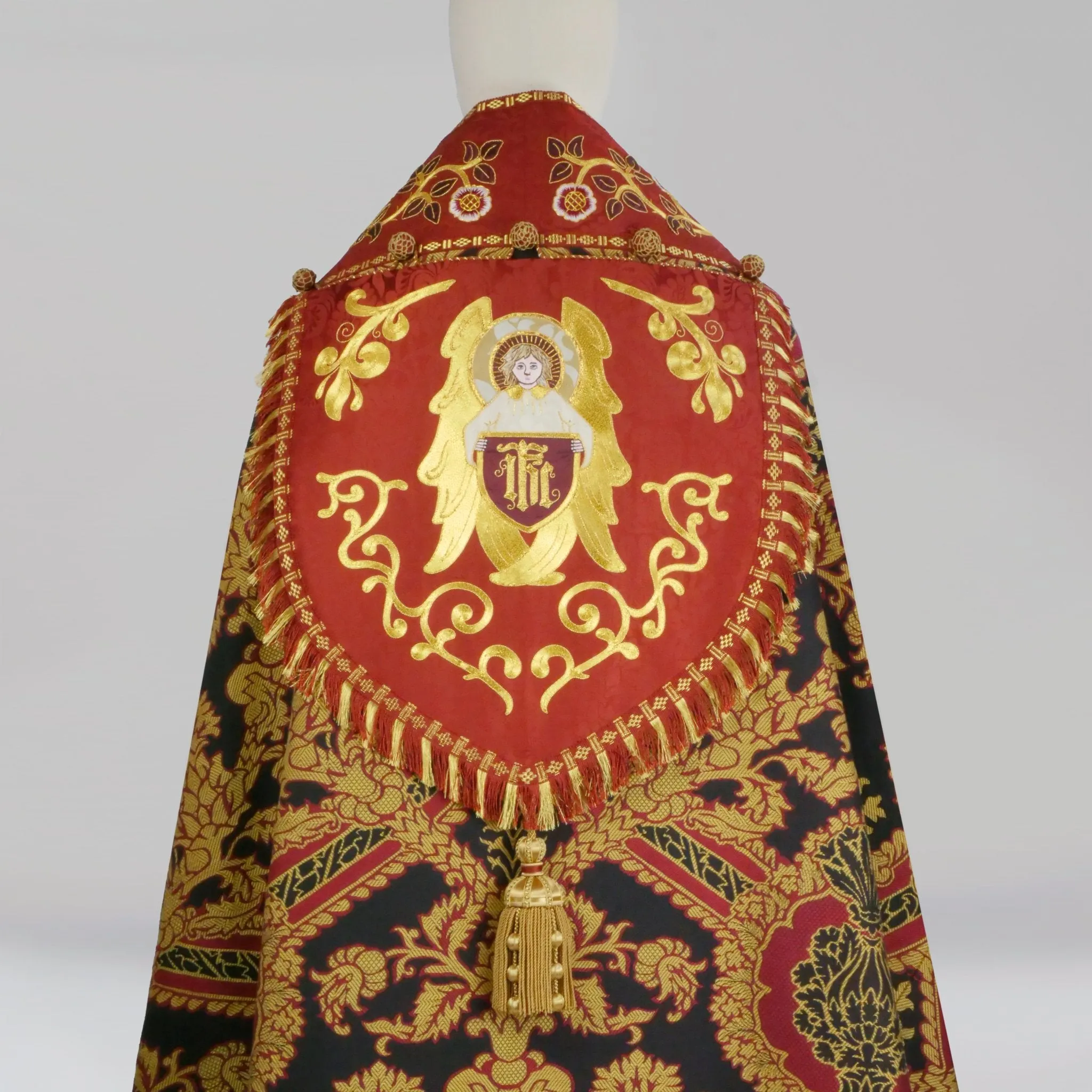 Minster Cope in 'Pine' with Sarum Red 'Holbein' orphreys and Hand-Embroidered Hood & Orphreys