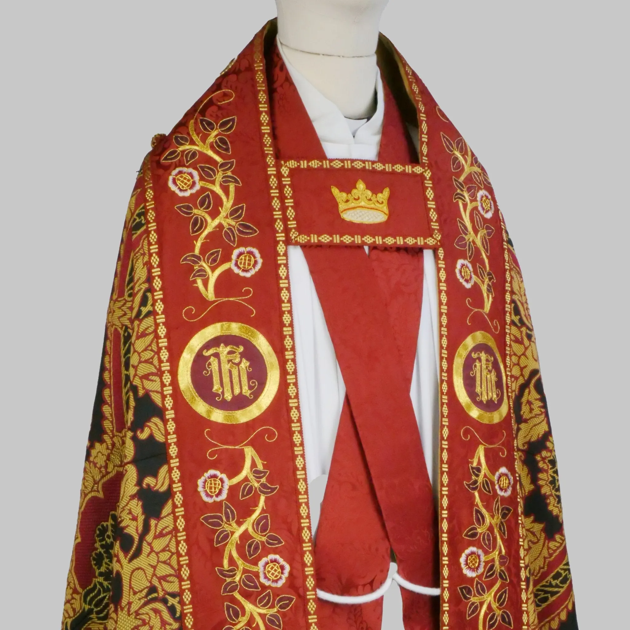 Minster Cope in 'Pine' with Sarum Red 'Holbein' orphreys and Hand-Embroidered Hood & Orphreys