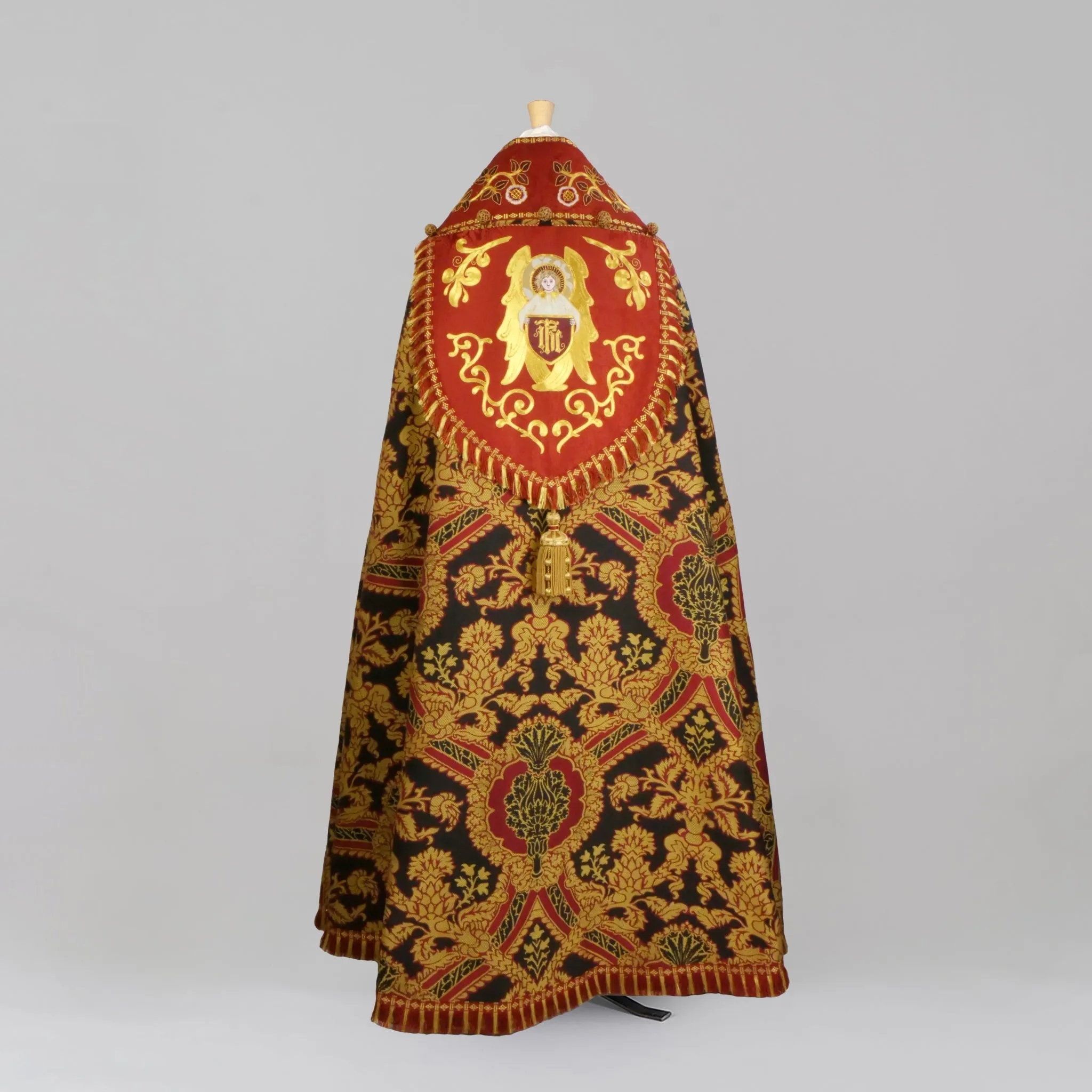 Minster Cope in 'Pine' with Sarum Red 'Holbein' orphreys and Hand-Embroidered Hood & Orphreys