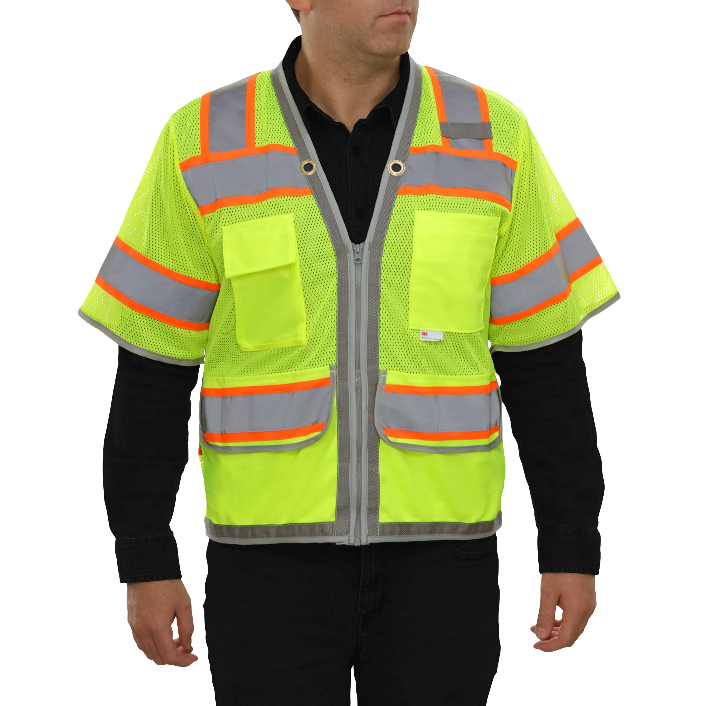 Multi-Pocket Safety Vest Hi-Vis Lime Mesh Vest Surveyor Contrasting Trim