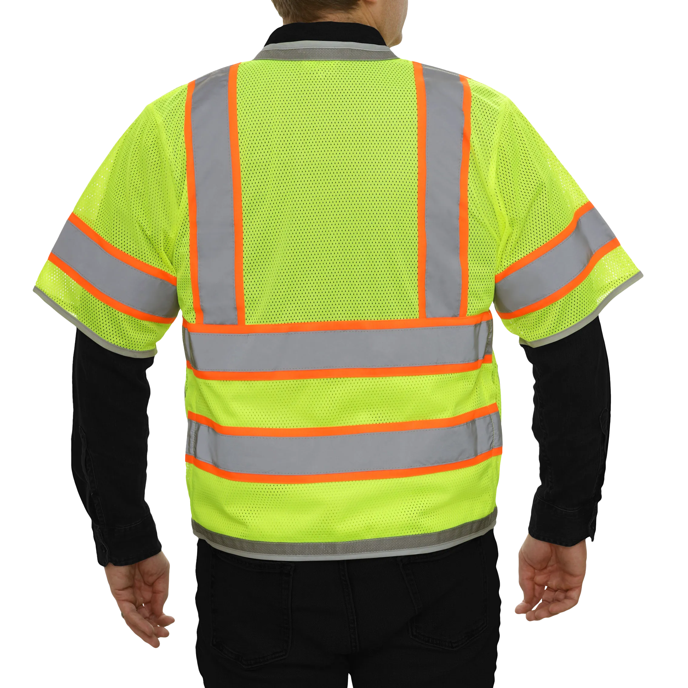 Multi-Pocket Safety Vest Hi-Vis Lime Mesh Vest Surveyor Contrasting Trim