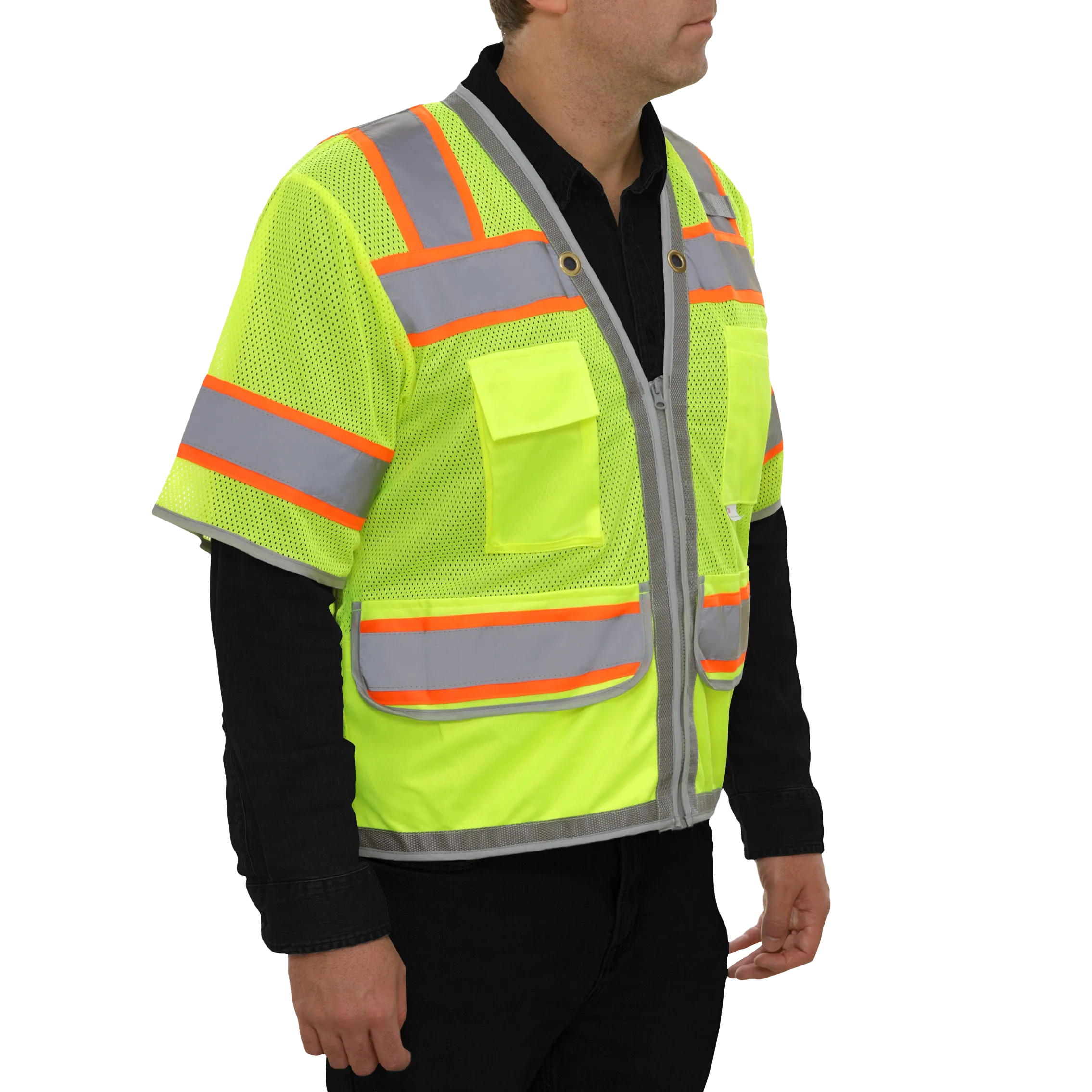 Multi-Pocket Safety Vest Hi-Vis Lime Mesh Vest Surveyor Contrasting Trim