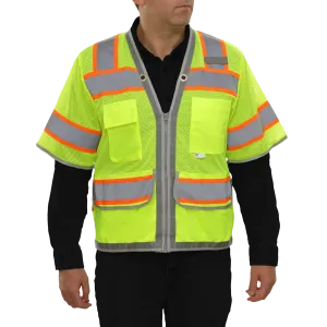 Multi-Pocket Safety Vest Hi-Vis Lime Mesh Vest Surveyor Contrasting Trim