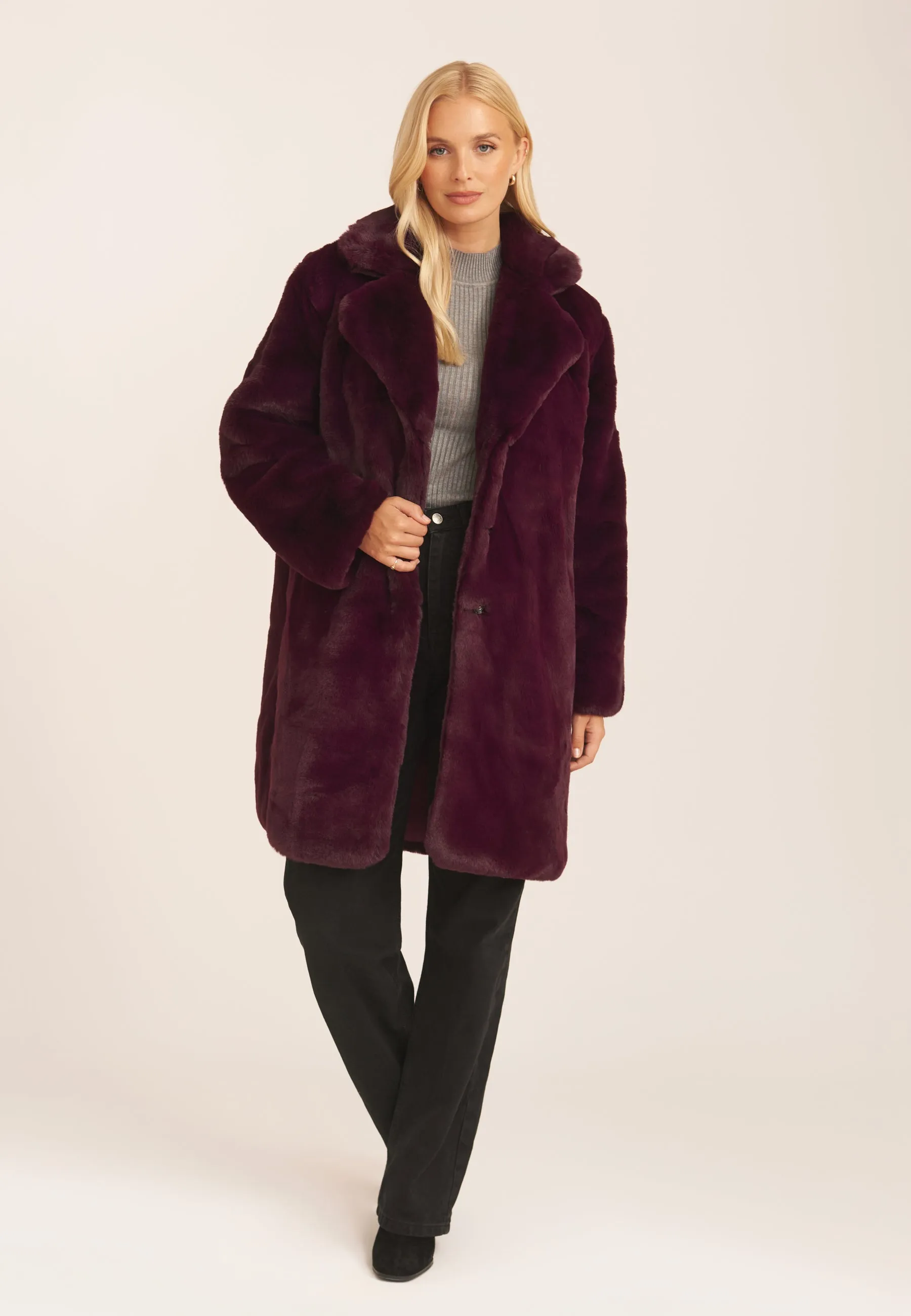 Plum Faux Fur Lapel Collar Longline Coat