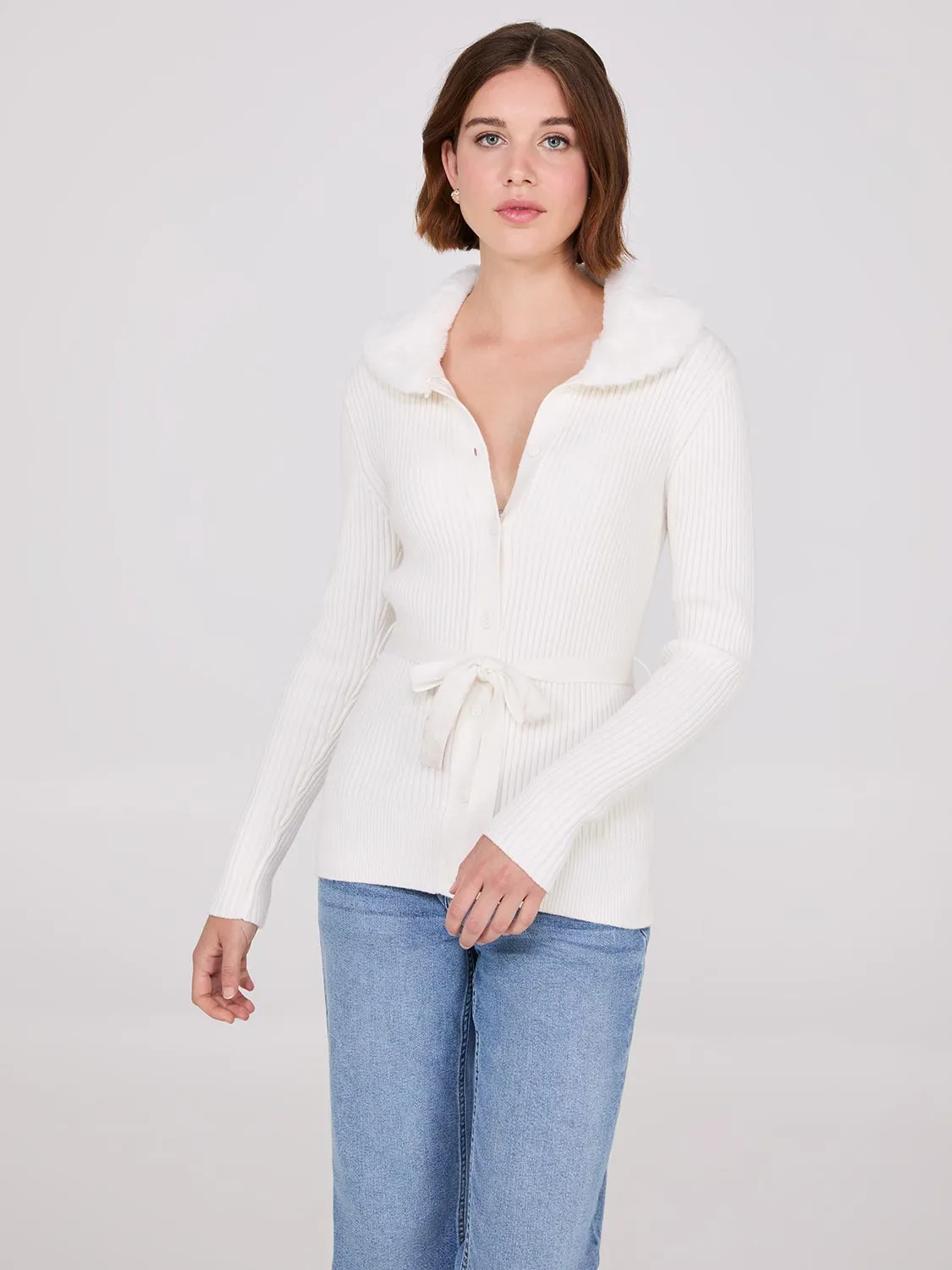 Ribbed Cardigan With Removable Faux Fur Collar