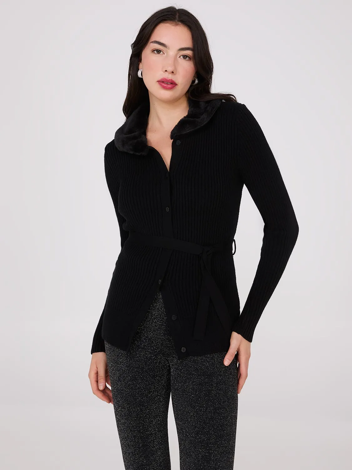 Ribbed Cardigan With Removable Faux Fur Collar