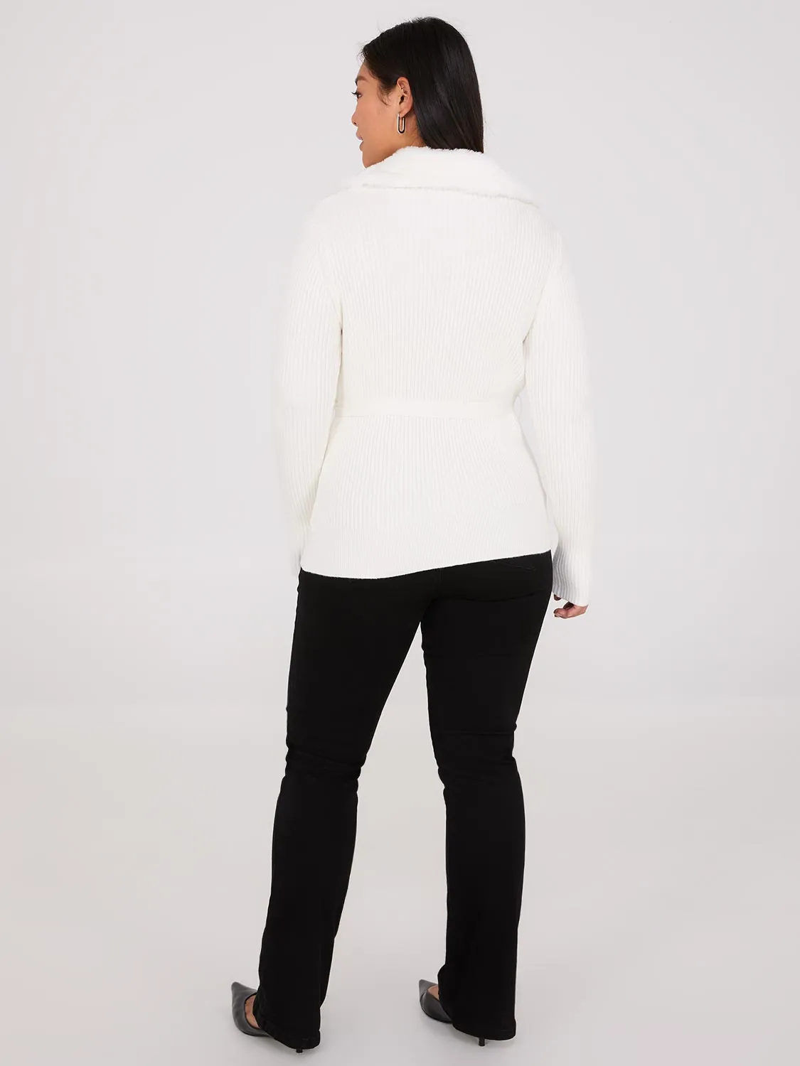 Ribbed Cardigan With Removable Faux Fur Collar