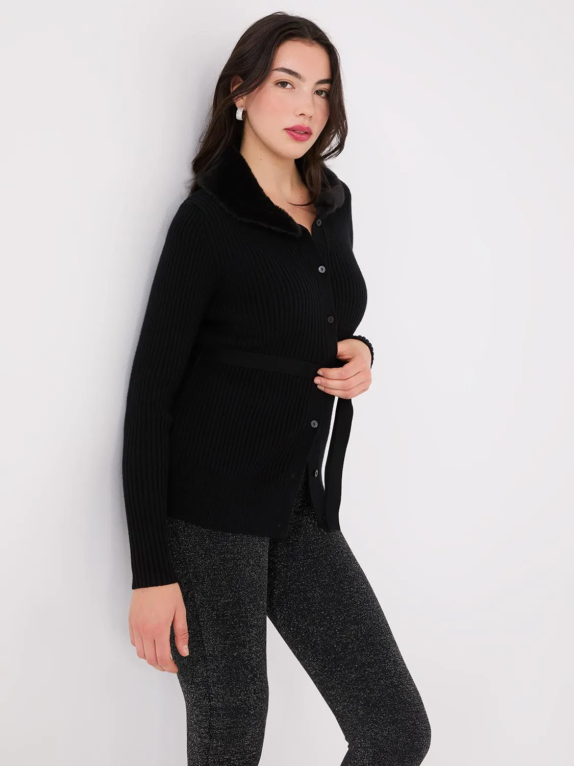 Ribbed Cardigan With Removable Faux Fur Collar