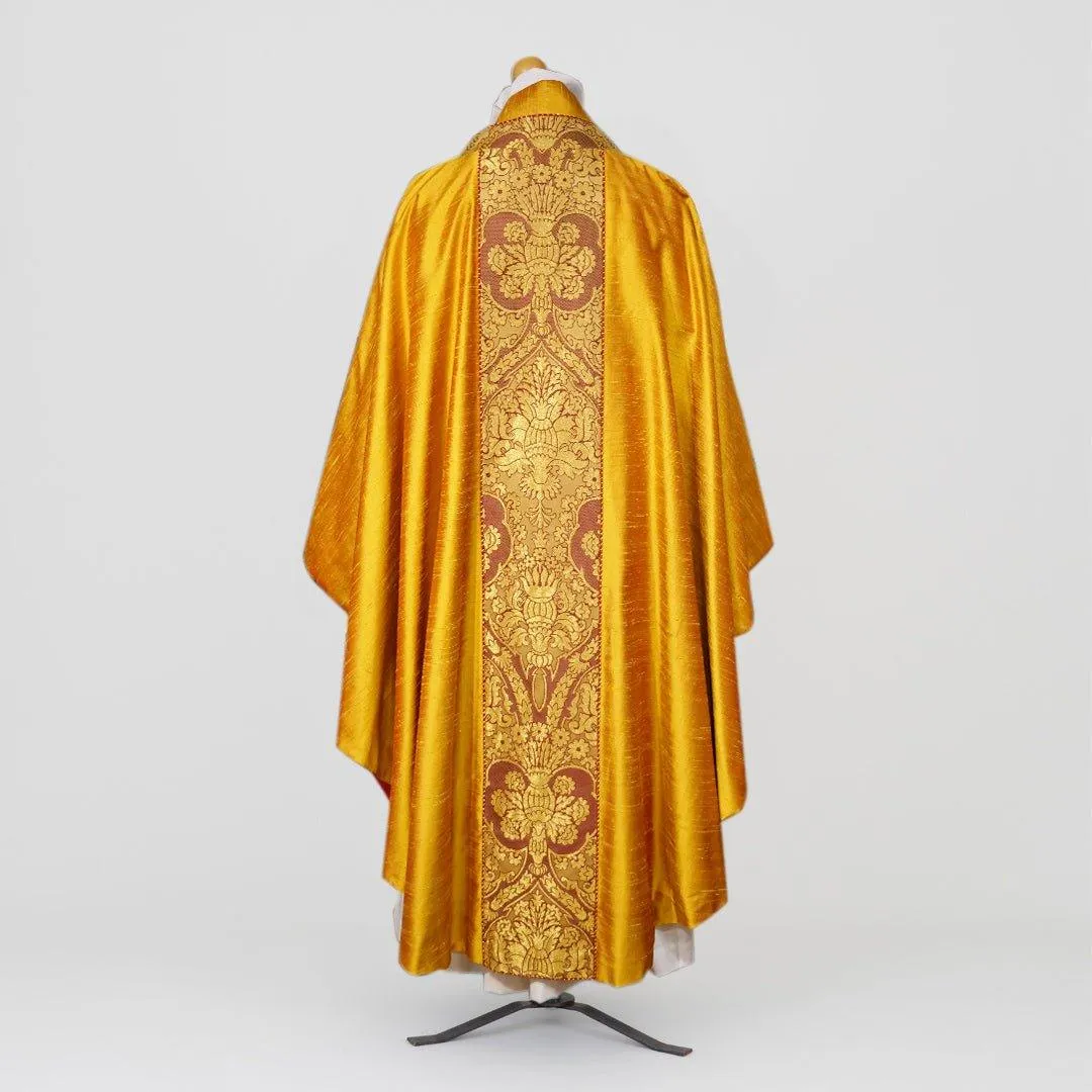 Romanesque Chasuble in Bright Gold 'Dupion' with Garnet 'Crevelli' Orphreys