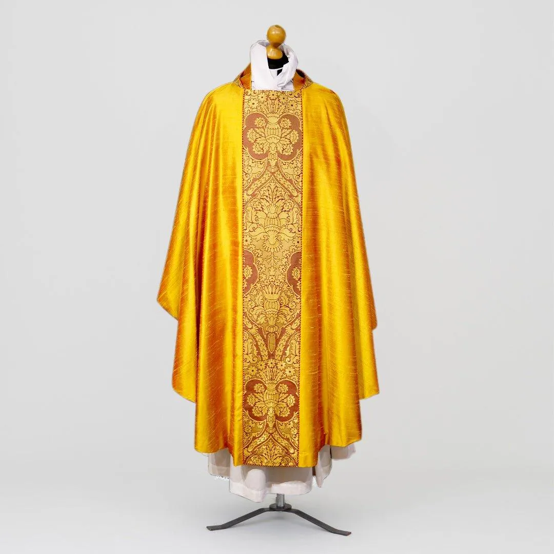 Romanesque Chasuble in Bright Gold 'Dupion' with Garnet 'Crevelli' Orphreys