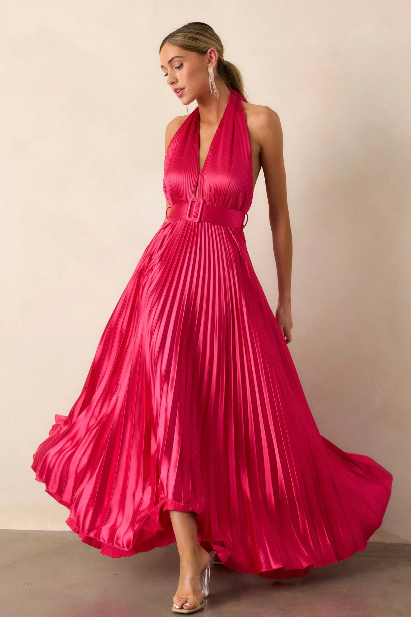 Runaway Icon Magenta Pink Pleated Halter Maxi Dress