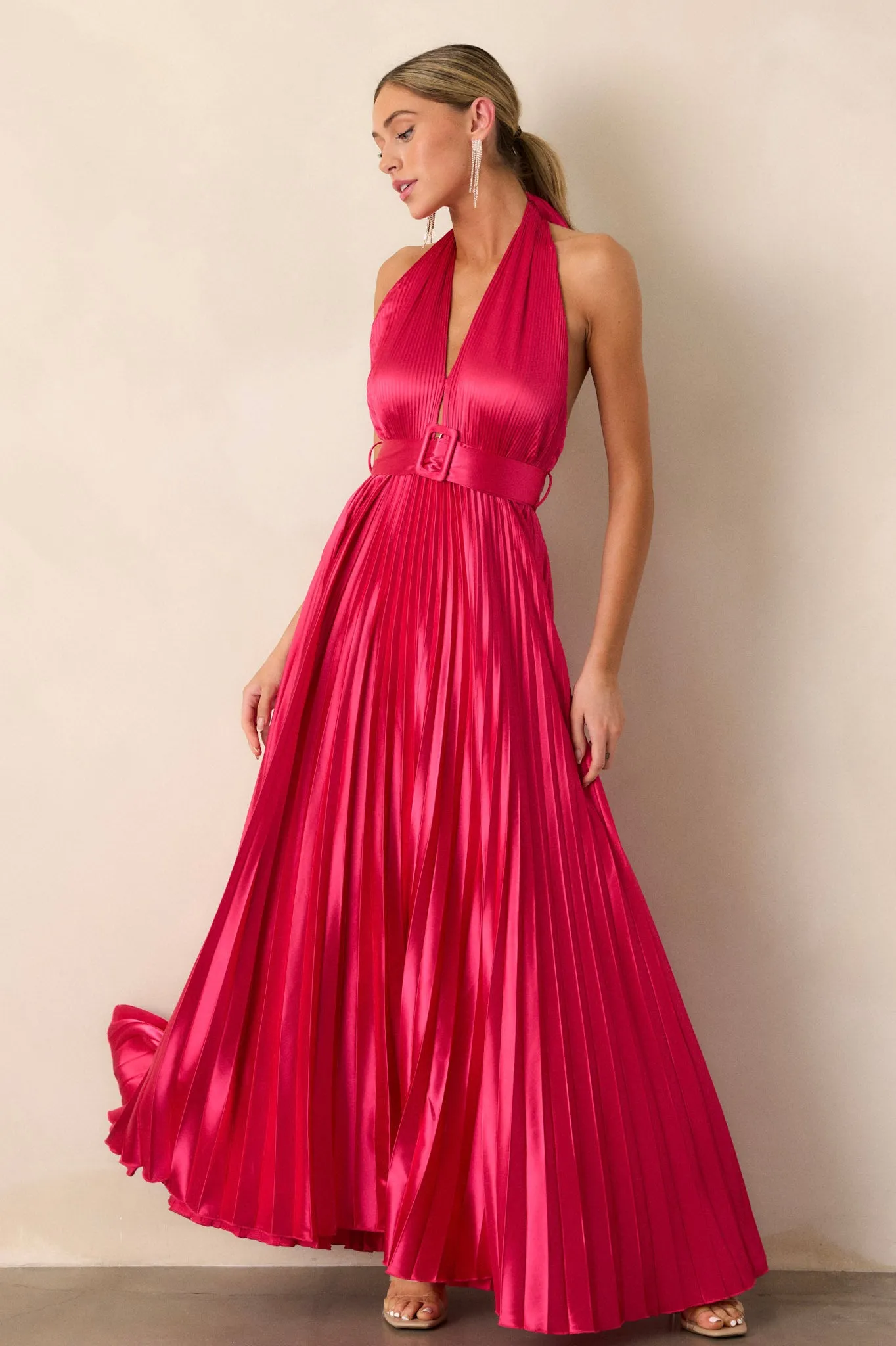 Runaway Icon Magenta Pink Pleated Halter Maxi Dress