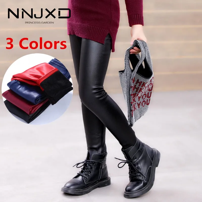 Spring Autumn Kids Leggings Skinny Faux PU Leather Pencil Pants