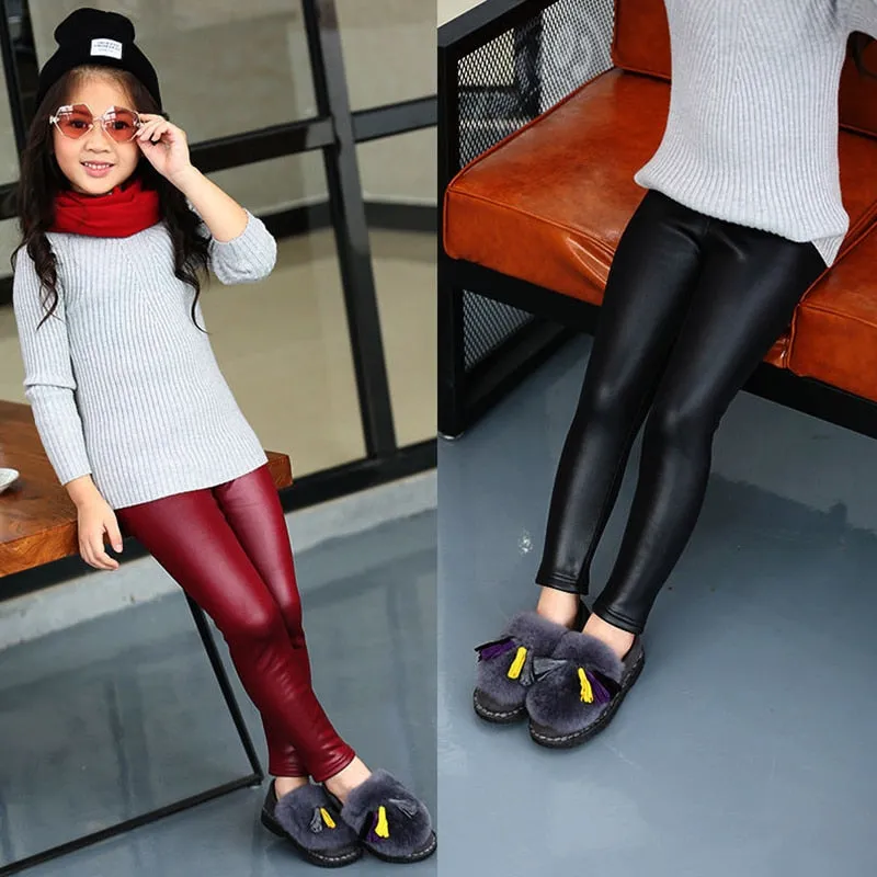 Spring Autumn Kids Leggings Skinny Faux PU Leather Pencil Pants