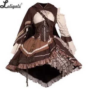 Steampunk Huntress Costume Long Sleeve Cold Shoulder Dress W. Waist Corset & Hooded Cape by Ocelot ~ Hunting Game