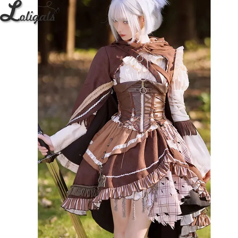 Steampunk Huntress Costume Long Sleeve Cold Shoulder Dress W. Waist Corset & Hooded Cape by Ocelot ~ Hunting Game