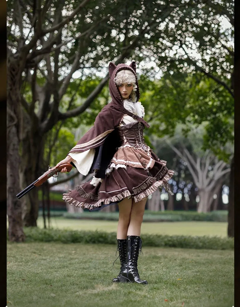 Steampunk Huntress Costume Long Sleeve Cold Shoulder Dress W. Waist Corset & Hooded Cape by Ocelot ~ Hunting Game