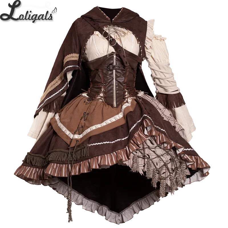 Steampunk Huntress Costume Long Sleeve Cold Shoulder Dress W. Waist Corset & Hooded Cape by Ocelot ~ Hunting Game