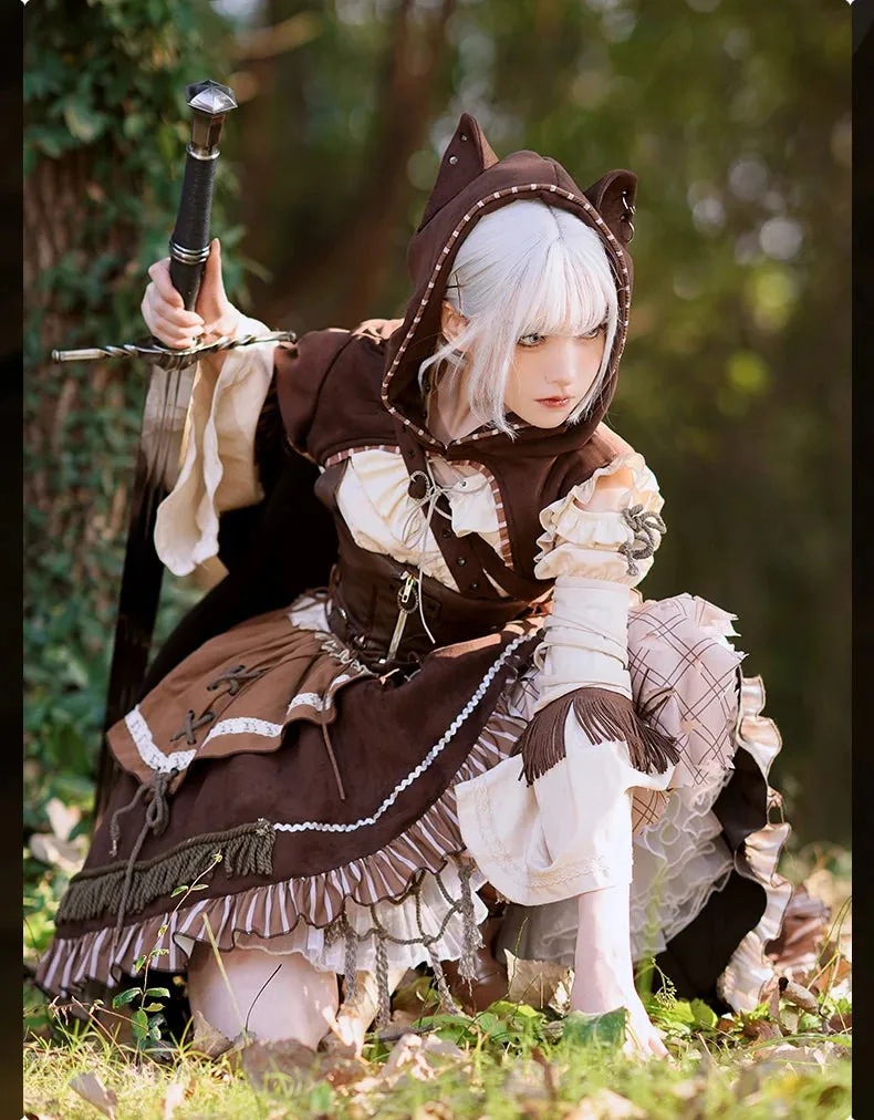 Steampunk Huntress Costume Long Sleeve Cold Shoulder Dress W. Waist Corset & Hooded Cape by Ocelot ~ Hunting Game