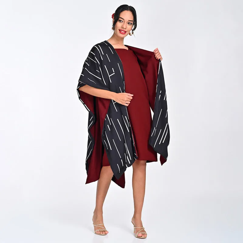 Tencel Printed Co Ord Set For Women | Cape & Dress | Square Neck | Black & Maroon