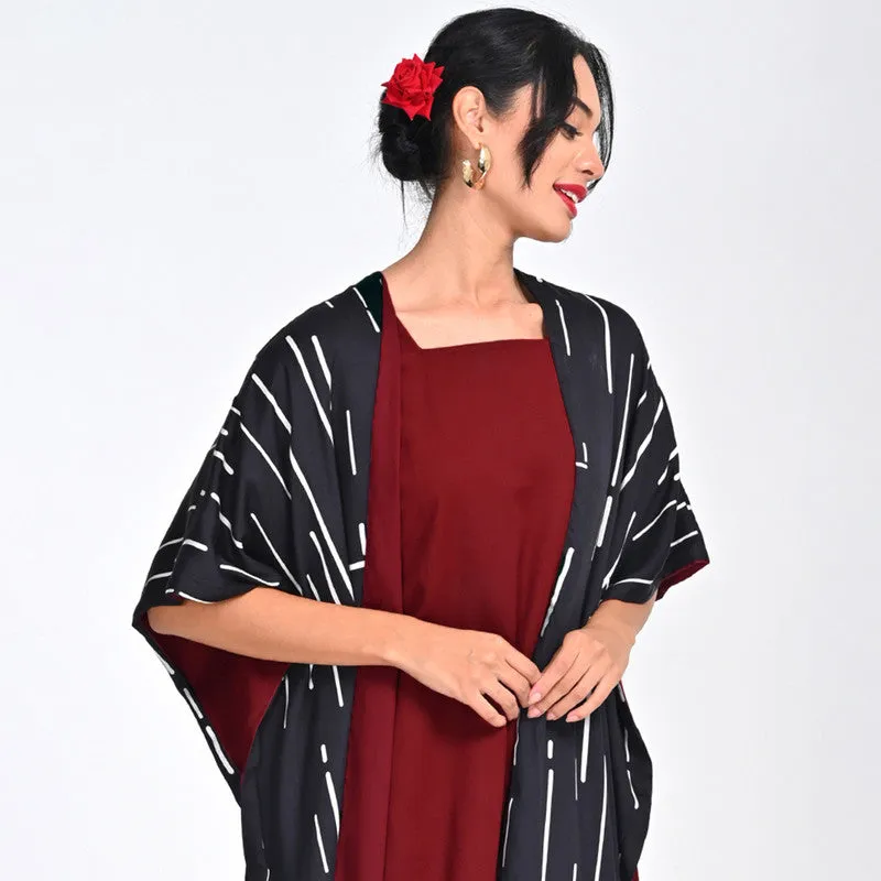 Tencel Printed Co Ord Set For Women | Cape & Dress | Square Neck | Black & Maroon