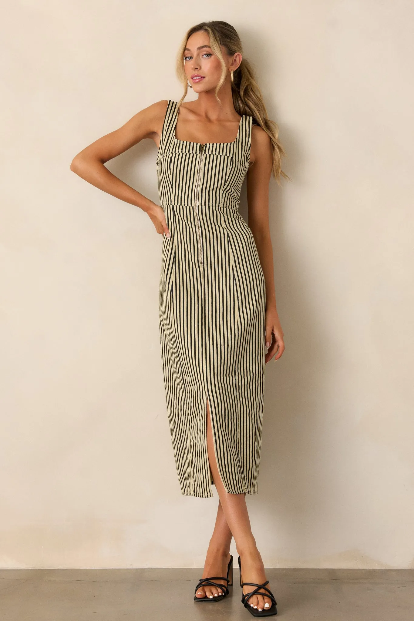 Timeless Beauty Black Stripe Zip Front Denim Maxi Dress