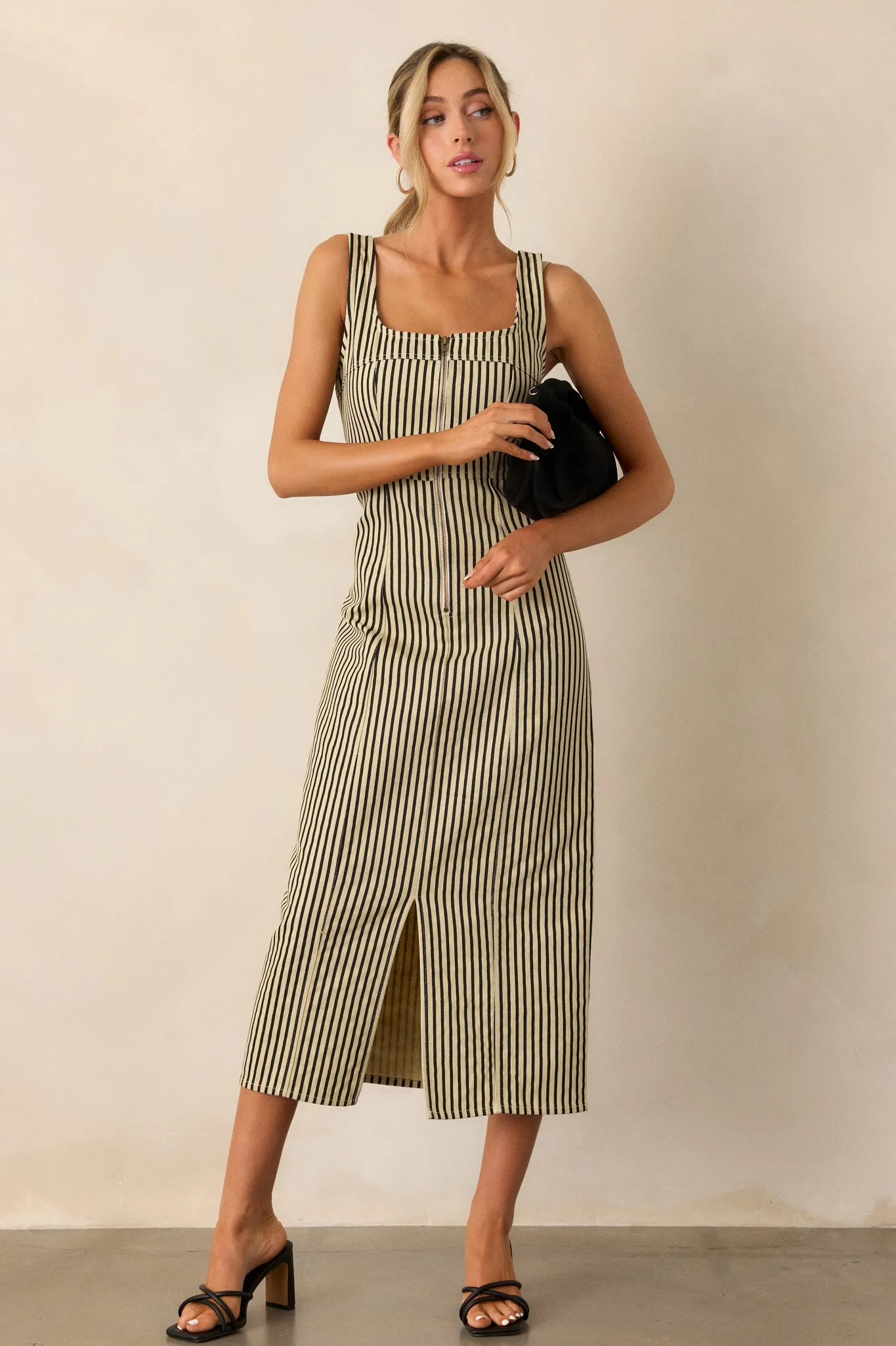 Timeless Beauty Black Stripe Zip Front Denim Maxi Dress